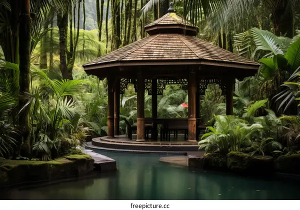 Gazebo in a lush tropical garden with a reflecting pool