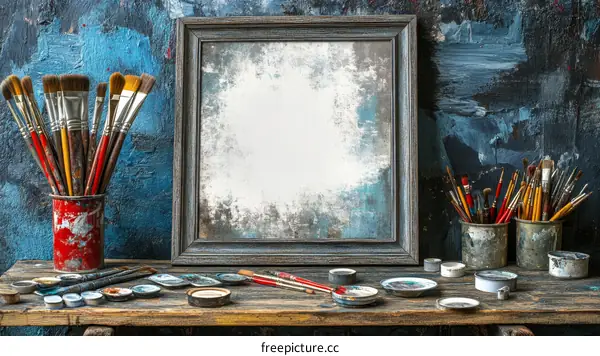 Artistic Studio Workspace with Paintbrushes and Canvas