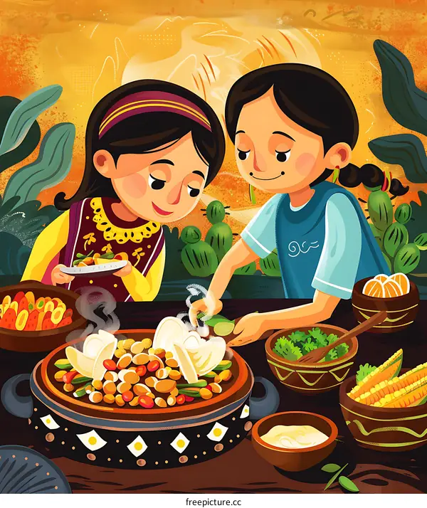 Two Girls Preparing Food Together in a Colorful Illustration