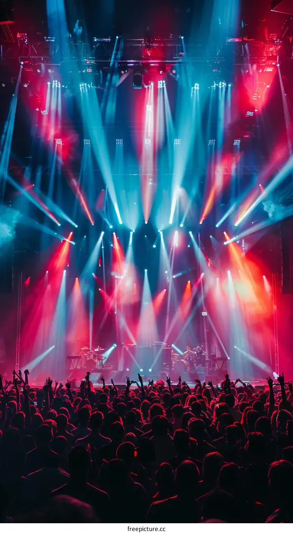 Red and blue stage lights with a crowd in front of it