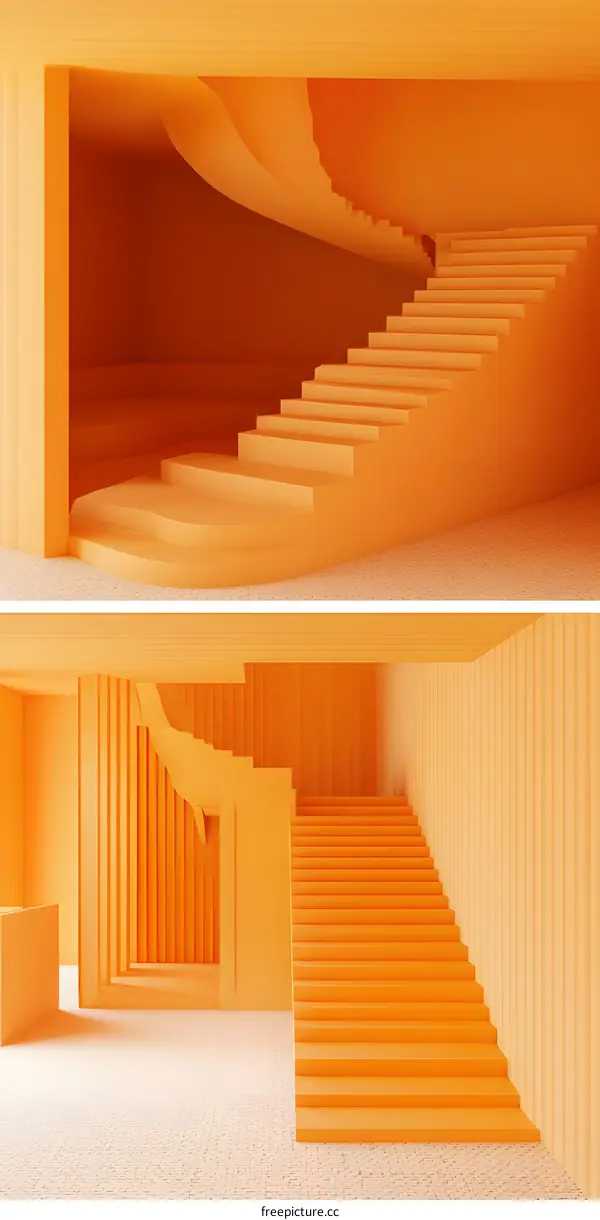 Abstract Orange Interior Design With Staircase
