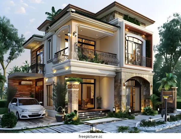 A 3D rendering of a beautiful house with a white car parked in front