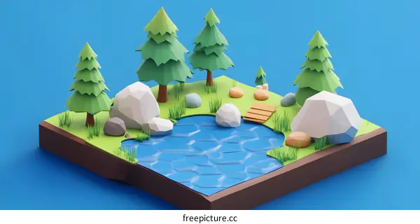 Low Poly Forest Scene with Pond and Bridge