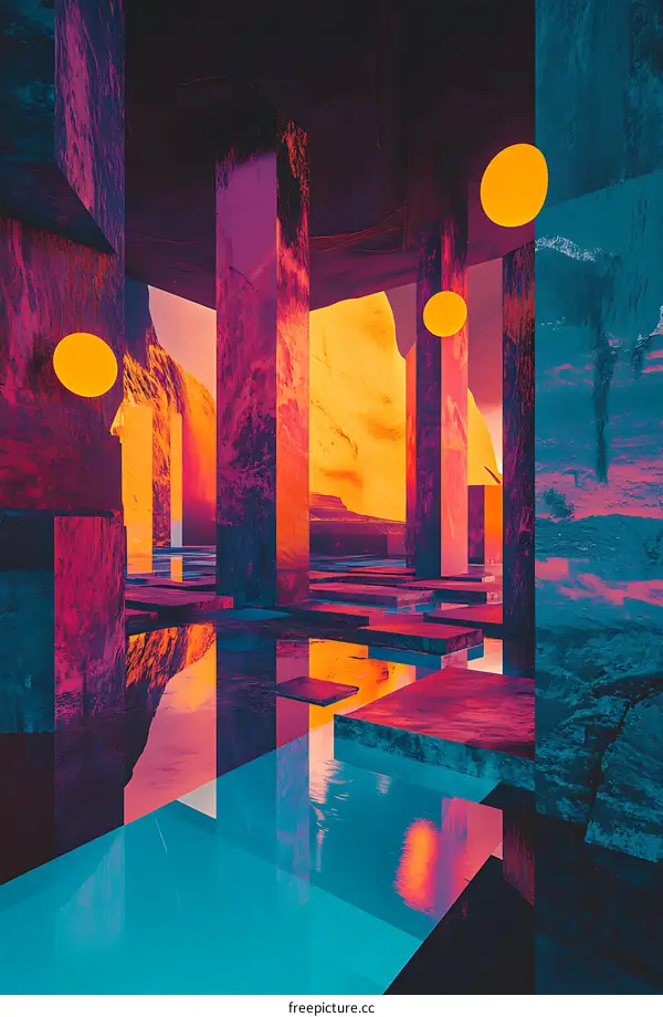 Abstract Neon Landscape with Geometric Pillars and Water