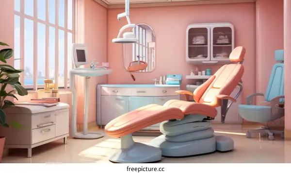 Dentist office interior with pink walls and mint green accents