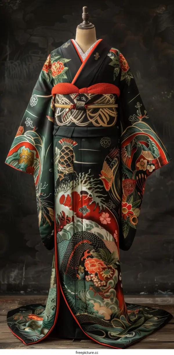 A kimono with a pattern of a dragon and a phoenix