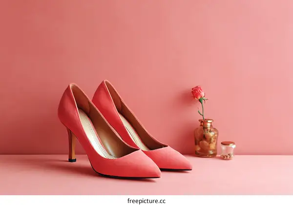 Pair of Coral High Heels with Rose Decor