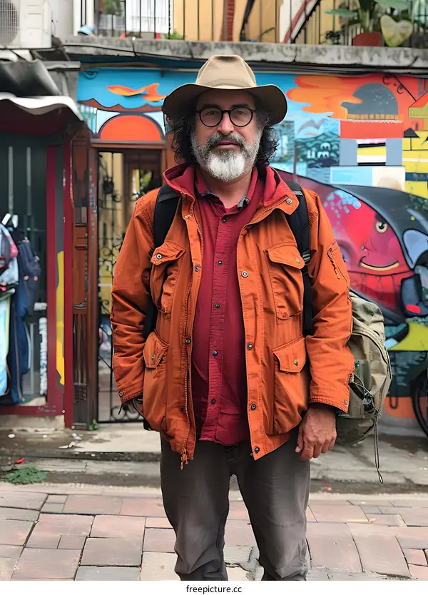 A man with a beard and glasses is wearing an orange jacket and a brown hat.