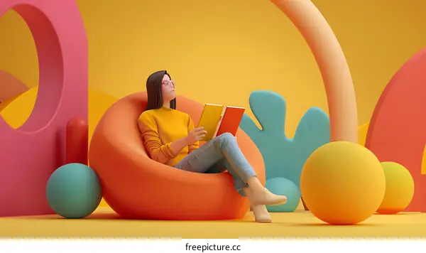 Woman Reading Book in a Colorful Abstract Room