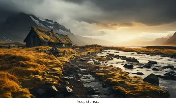 Thatched roof house near a river in Iceland