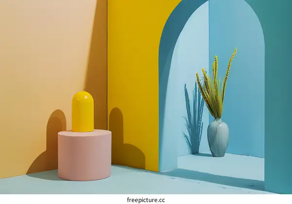 Minimalist Room with Yellow and Blue Walls, Pink Cylinder and a Vase with Dried Flowers