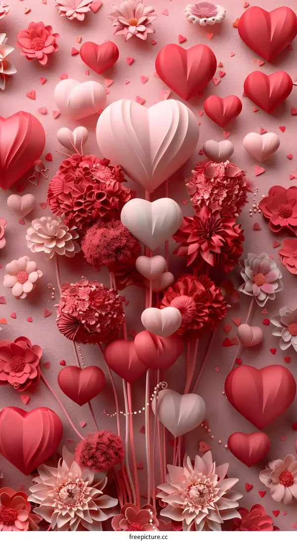 Pink paper hearts and flowers