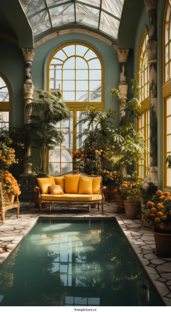 Luxurious Sun Room with Sophisticated Yellow Sofa and Tranquil Pool