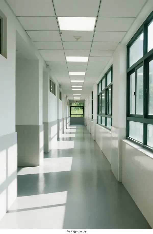 Long Corridor in Modern School Building with Bright Lighting