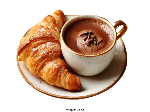 [Transparent Background PNG]Delicious Hot Chocolate and Croissant Breakfast