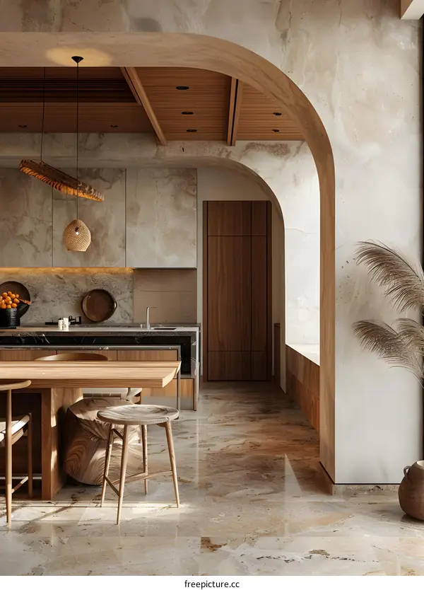 Modern Kitchen Interior Design with Wooden Cabinets and Arched Doorway