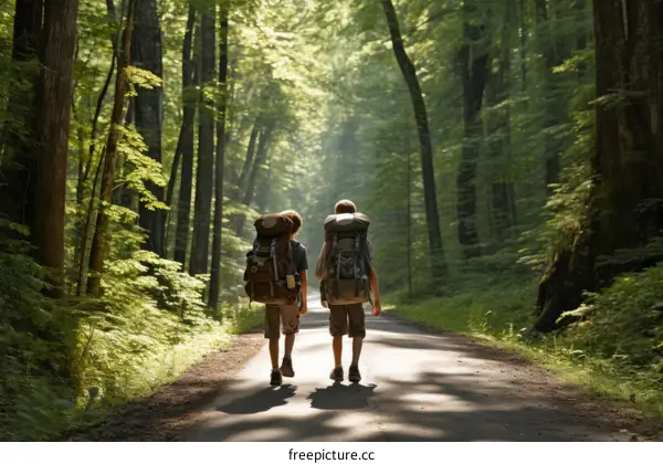 Two boys hiking in the woods
