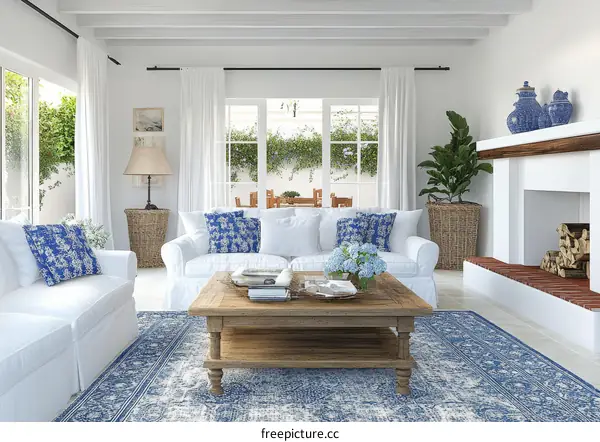 Modern Coastal Living Room with White Furniture and Blue Accents