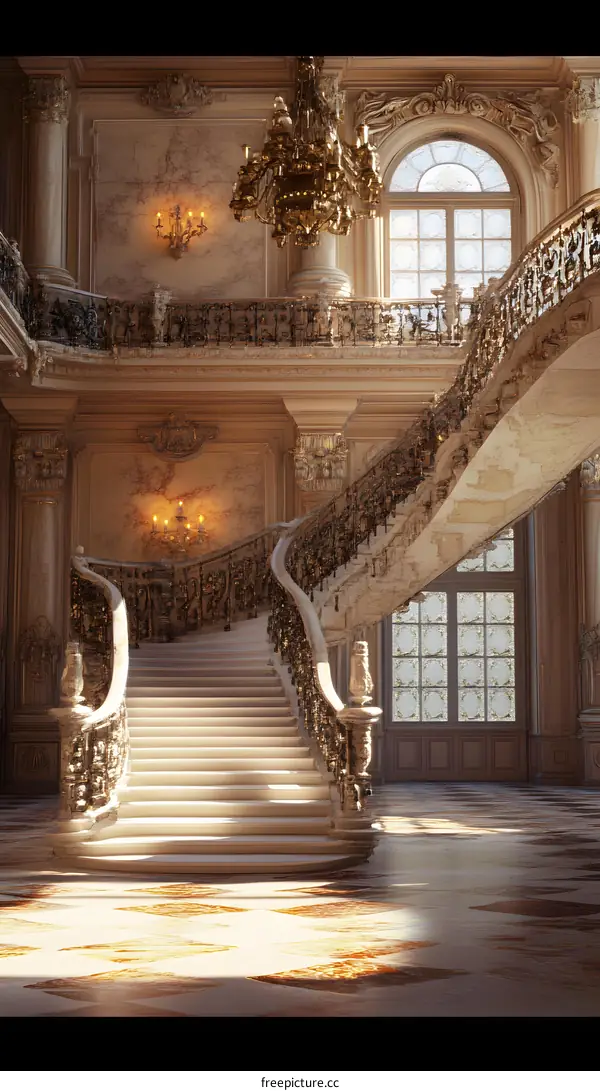 Grand Staircase in a Luxurious Palace with Golden Chandelier