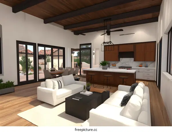 Modern Kitchen and Living Room Interior Design with Wooden Beams and White Couches