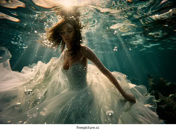 An underwater photo of a woman wearing a white wedding dress