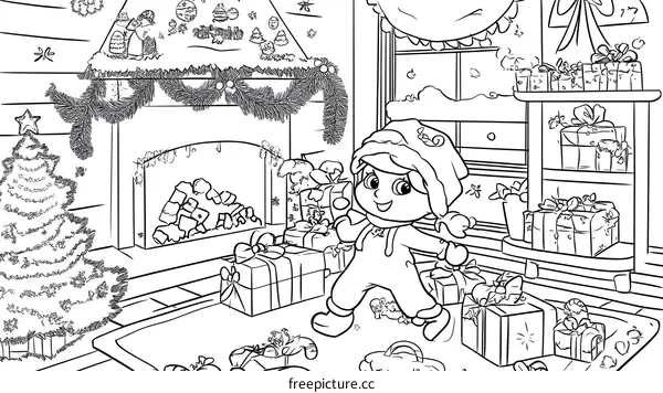 Christmas Elf With Presents In Front of Fireplace