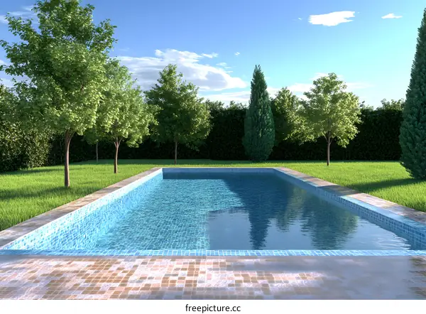 Blue Swimming Pool in a Green Garden