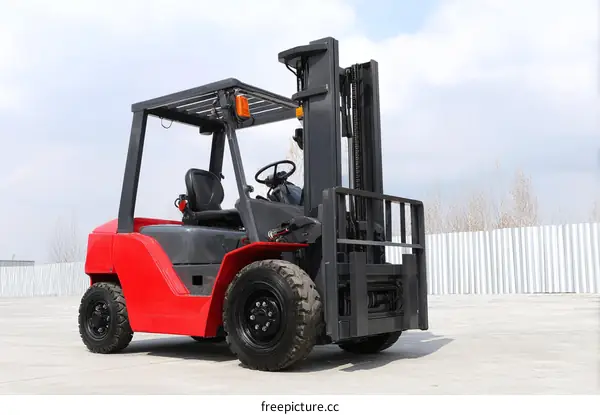 Red Forklift Truck on a Concrete Parking Lot