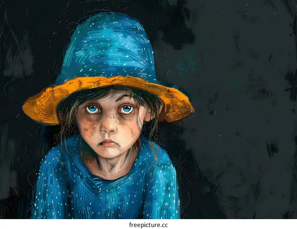 Portrait of a sad looking child wearing a blue hat