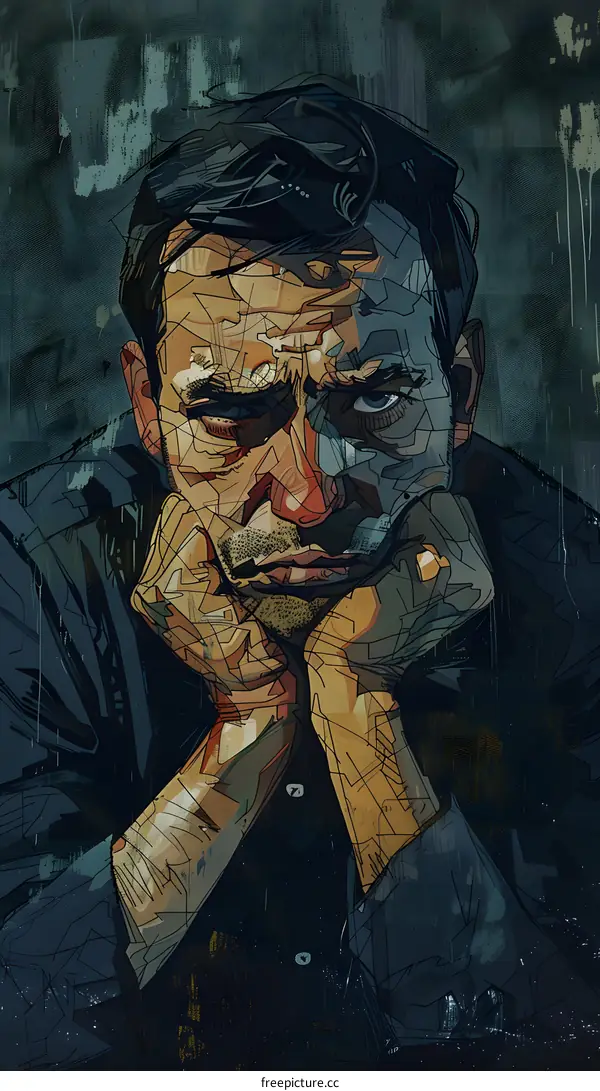 Illustration of a mans face with a hand on his chin