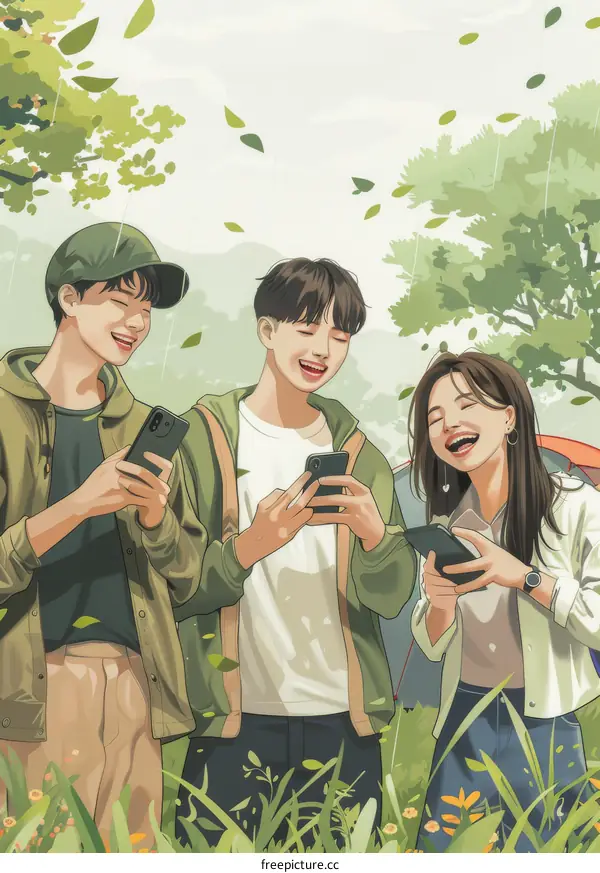 Three friends laughing while looking at their phones in the rain