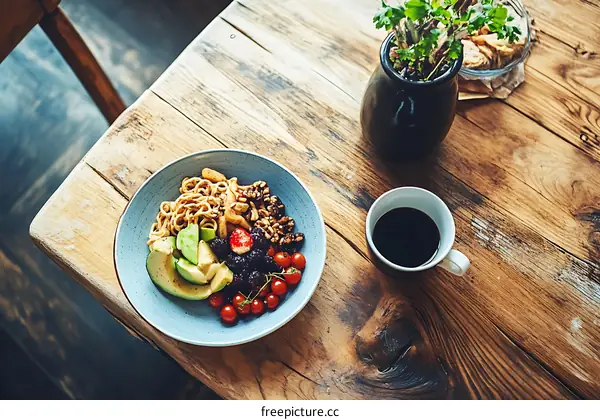 Healthy and Delicious Breakfast with Avocado, Berries, Walnuts and Coffee on Wooden Table