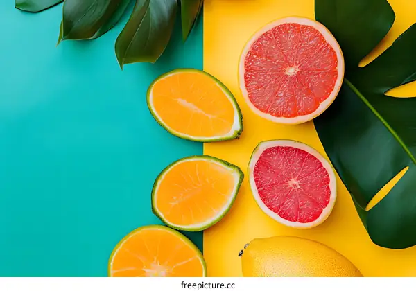 Fresh Summer Fruit on Yellow and Blue Background