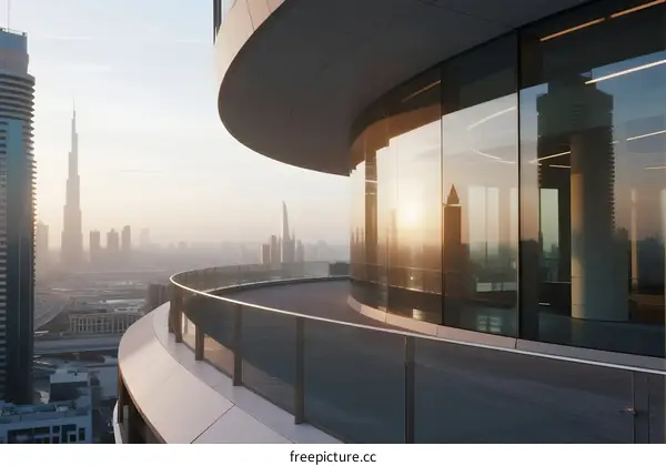 Modern curved building with city skyline in background