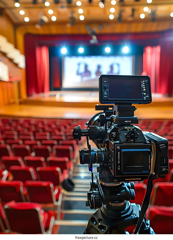 Professional Film Camera Set Up in a Theatre with Red Seats