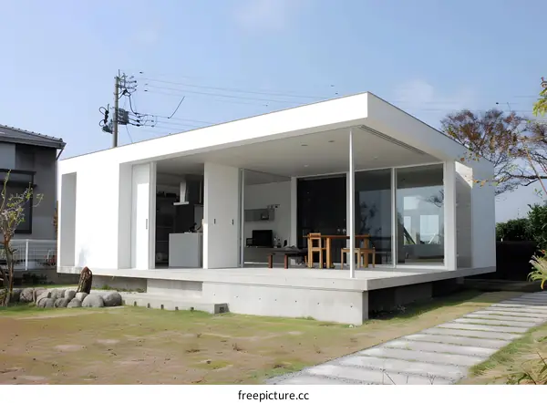 Modern Minimalist Japanese House with White Walls and Large Windows