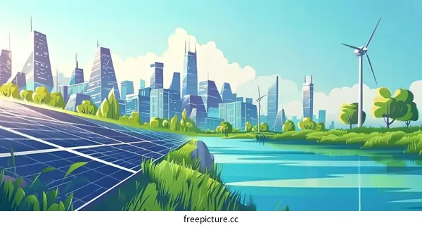 Green Cityscape with Solar Panels and Wind Turbines