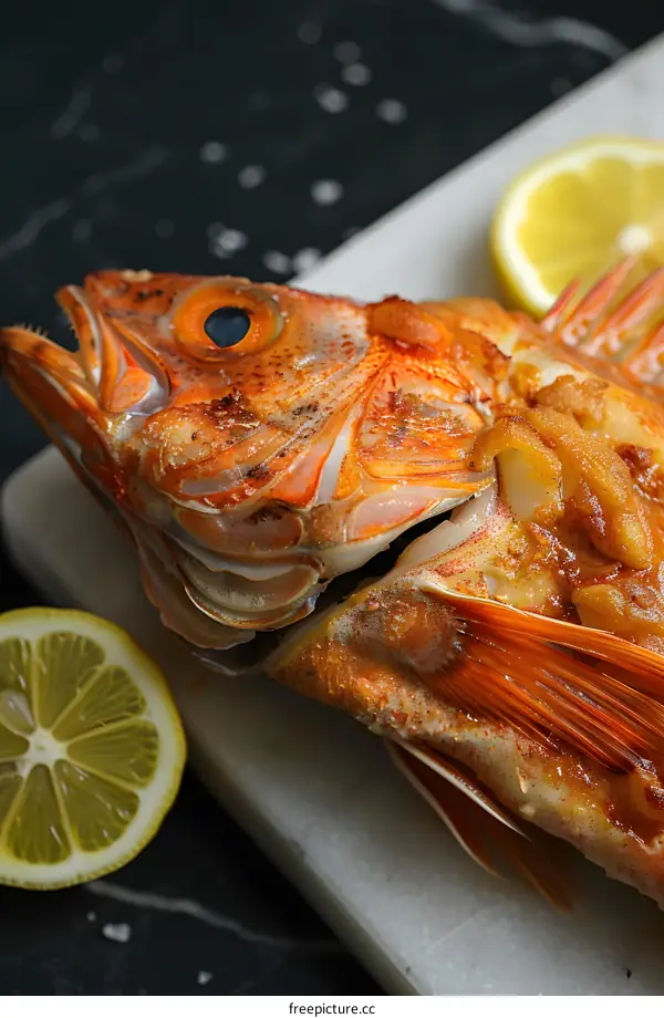 Close up of cooked redfish on a white cutting board