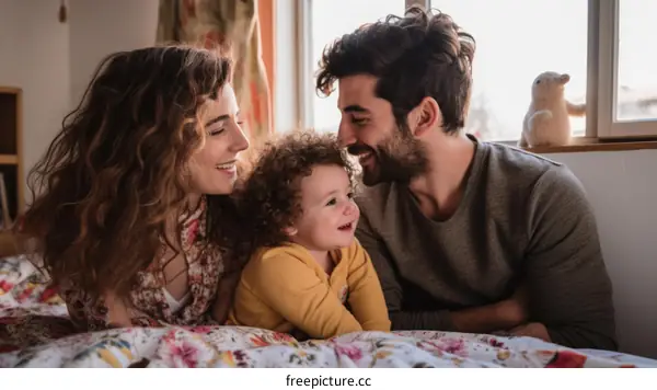 Family of three relaxing on a bed and smiling