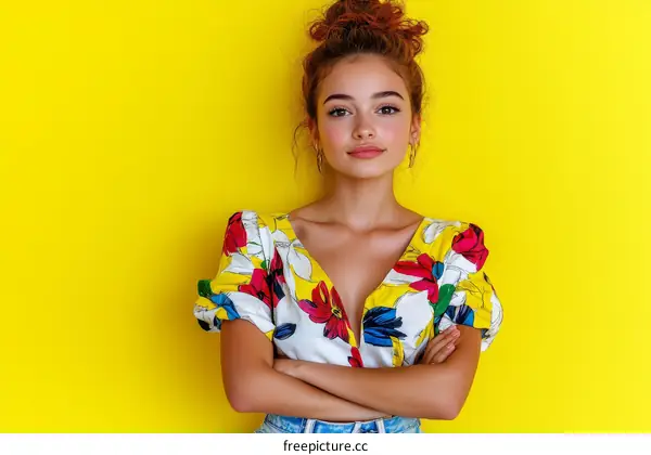 Stylish Woman in a Floral Print Top Against a Yellow Background