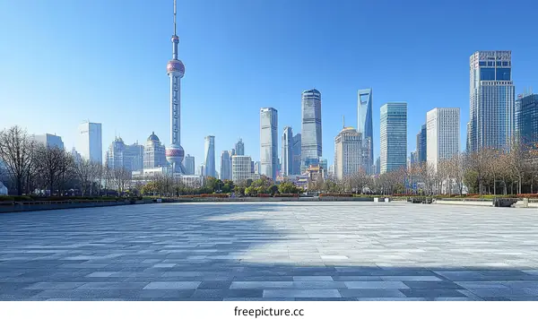 Shanghai Skyline View from Empty Plaza