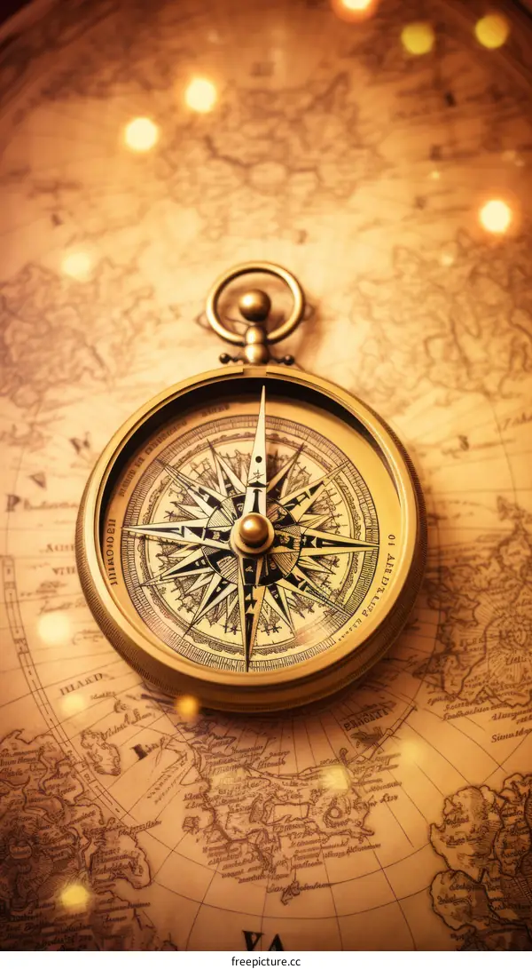 Vintage World Map with Golden Compass