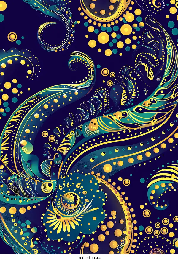 Abstract Seamless Pattern with Gold and Blue Swirls