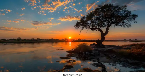 Golden Sunset Over a River with a Tree Silhouette