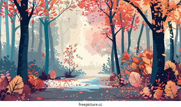 Autumn Forest Illustration with Red Leaves and a Stream