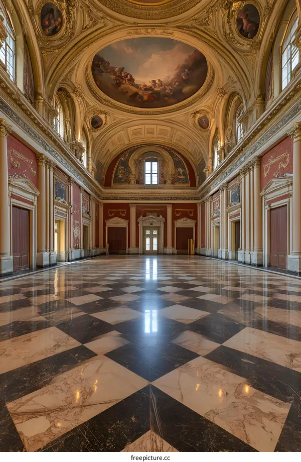 Checkerboard Floor in a Grand Hall with Ornate Ceiling