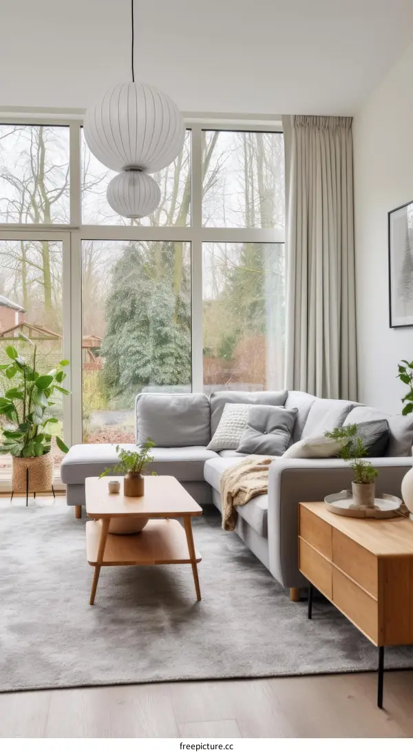 Modern Living Room with Gray Sofa and Large Windows