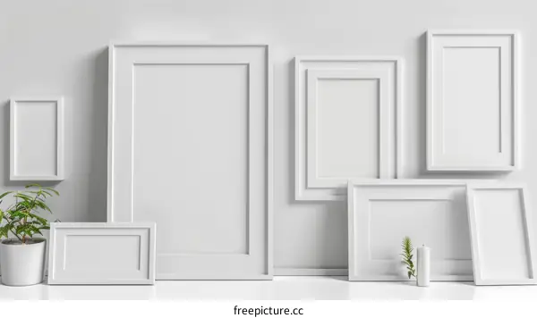 White picture frames of different sizes on a white table against a white wall background. There is a potted plant and a candle on the table.