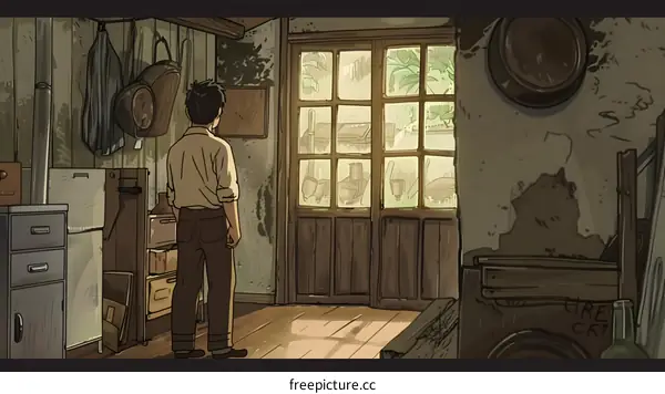 Man Looking Out Window in a Rustic Room