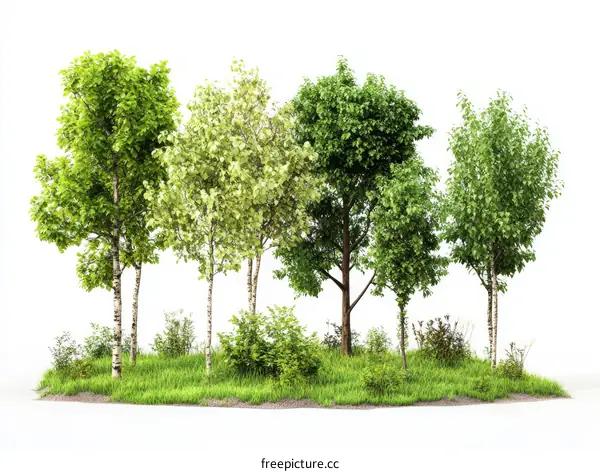 Group of Trees and Shrubs on a Grassy Mound
